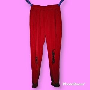 Maroon Women's Ripped Casual Baggy Joggers Pants Size XL